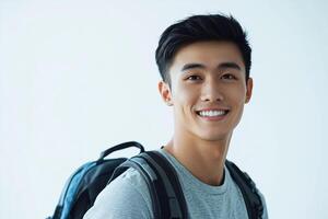 Asian male student with backpack smiling photo