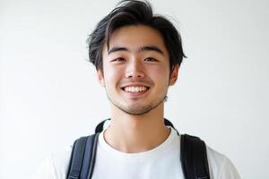 A young man with a backpack smiling photo