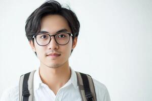 A young man with glasses and a backpack photo