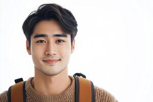 A young man with a backpack and sweater photo