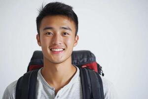 A young man with a backpack smiling photo