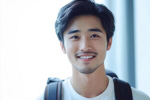 A young man with a backpack smiling photo