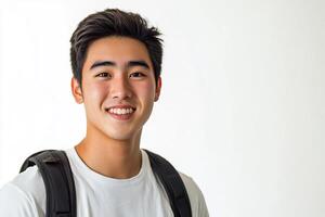 A young man with a backpack smiling photo