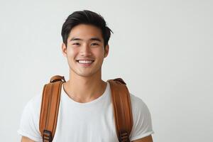 A young man with a backpack smiling photo