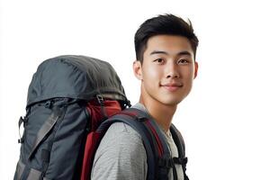 Asian young man with backpack on white background photo