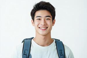 A young man with a backpack smiling photo