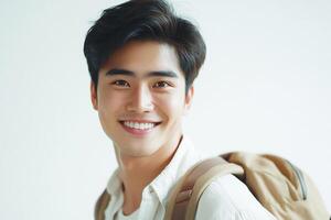 A young man with a backpack smiling photo