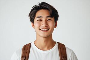 A young man with a backpack smiling photo
