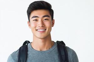 A young man with a backpack smiling photo