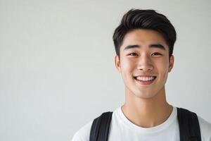 A young man with a backpack smiling photo