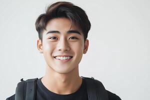 A young man with a backpack smiling photo