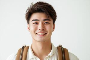 A young man with a backpack smiling photo