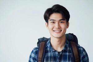 Asian young man with backpack smiling photo