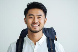 Asian man with backpack smiling photo