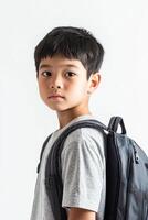 A young boy with a backpack standing in front of a white background photo