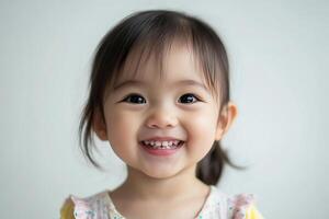 A little girl smiles while standing in front of a white background photo