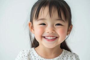 A little girl smiles while standing in front of a white background photo