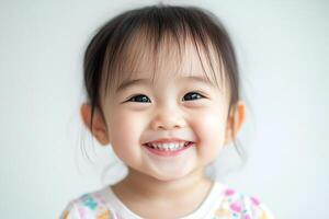 A little girl smiles while standing in front of a white background photo
