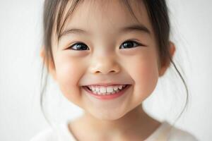 A little girl smiles while standing in front of a white background photo