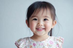 A little girl smiles while standing in front of a gray background photo