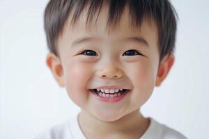 A young boy smiles while standing in front of a white background photo