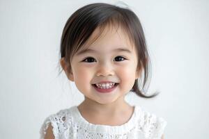 A little girl smiles while standing in front of a white background photo