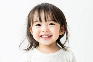 A little girl smiles while standing in front of a white background photo