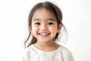 A little girl smiles while standing in front of a white background photo
