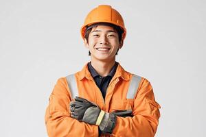 Asian man in orange workwear with arms crossed photo