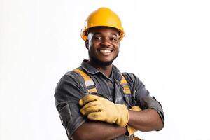 A smiling black man in a hard hat and safety gloves photo
