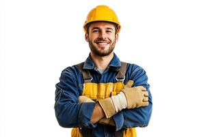 A smiling man in a hard hat and overalls photo