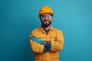 Portrait of a smiling man in yellow workwear standing on a blue background photo