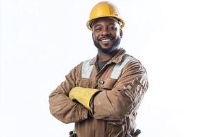 A smiling black man in a hard hat and yellow gloves photo