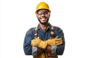 A smiling black man in a hard hat and overalls photo