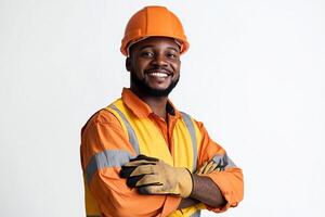 An african american man in an orange safety vest photo