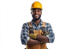 A smiling black man in overalls and hard hat photo