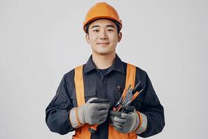 Asian male worker in work uniform holding tools photo