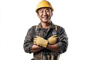 A smiling man in a hard hat and gloves photo