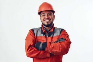 A man in an orange hard hat and overalls photo