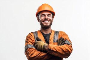 A smiling man in an orange hard hat and overalls photo