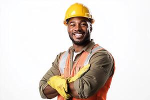 A smiling black man in an orange vest and yellow gloves photo