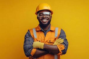 Portrait of a smiling african american man in safety vest and helmet on yellow background photo