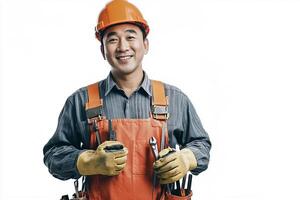 A man in an orange overalls and hard hat holding a wrench photo