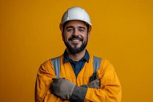 Portrait of a smiling construction worker isolated on yellow background photo