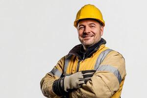 A man in a hard hat and yellow jacket photo