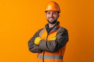 Portrait of smiling male construction worker isolated on orange background photo