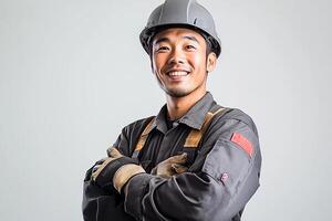 A man in a hard hat and overalls smiling photo