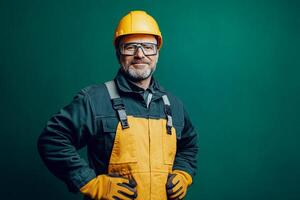Portrait of a smiling man in hard hat and overalls on green background photo