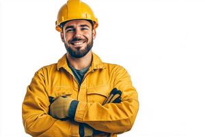 A smiling man in a yellow hard hat photo