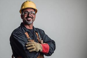 A man in a hard hat and glasses photo